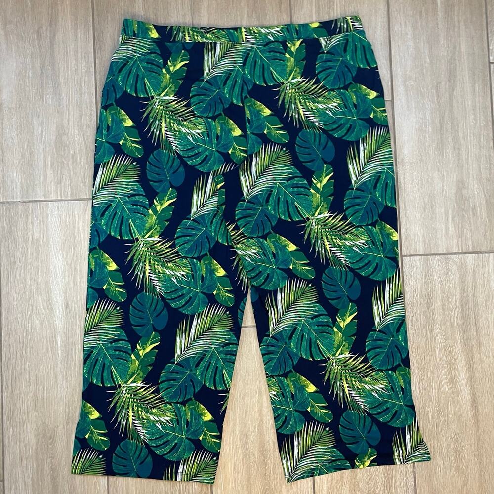 d&co Tropical Palm Leaf Pants Womens 2X Resort Vacation Pull On Stretch
